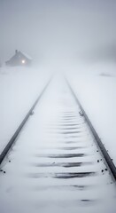 Snow covered railway tracks leading to a distant building in a foggy winter landscape.