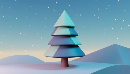 Cute stylized 3d christmas tree rendering in a pastel snowy landscape