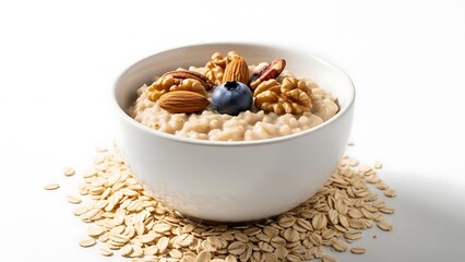 Bowl of Oatmeal with Nuts and Berries on Oat Flakes.