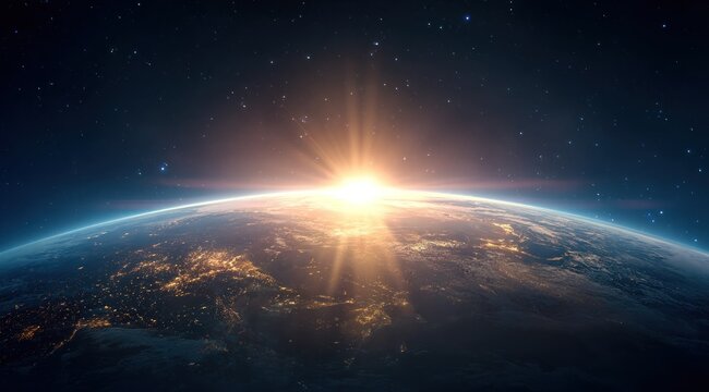 Earth's illuminated horizon, sunburst, stars in a dark blue space. Detailed view of planet