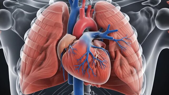 Human heart anatomy. Heart with lungs and blood vessels. Internal organs. Medical illustration. Detailed view. Isolated on black background. Human body. Organ system. Cardiovascular.