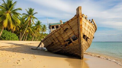 A weathered wooden boat rests on a sandy beach contrasting with palm trees and clear ocean