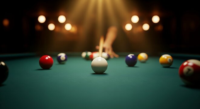 Billiard Table with Cue Ball and Colorful Balls Under Dramatic Lighting.