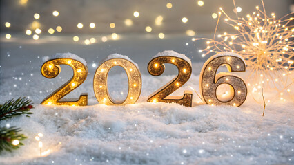 Happy new year 2026 golden numbers with glittering lights and sparkling snow for a festive holiday celebration.