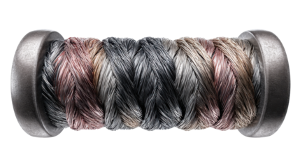 Braided metallic wire spool presenting industrial strength, textile engineering, and manufacturing coil concepts on transparent background