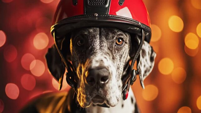 Dog Wearing a Firefighter Helmet Poses for a Portrait.