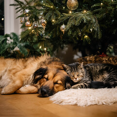 Cute Dog And Cat Sleeping Together Under Christmas Tree