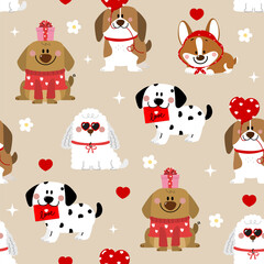 Happy Valentine's day seamless pattern background  with cute puppy dog and heart. Pet animal in 