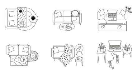 top view living room layout cozy sofas with coffee gaming and work setups illustrating home comfort and interior design solutions