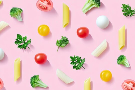 Pasta, Vegetables, and Eggs Arranged on Pink Background - Powered by Adobe