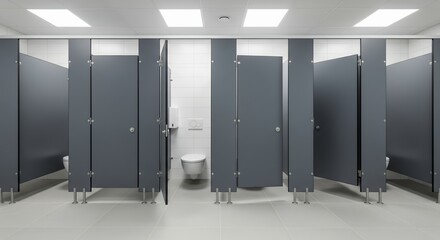 Clean and Modern Public Restroom with Multiple Stalls and White Toilets.