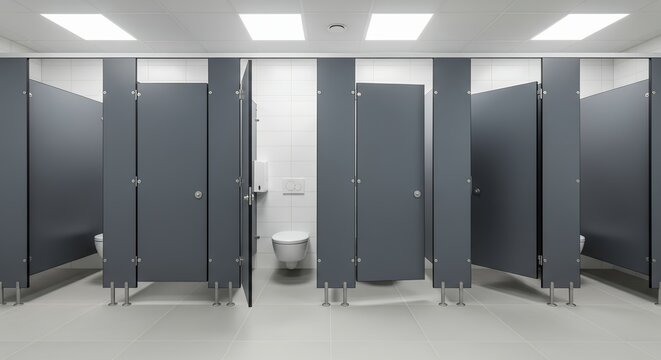 Clean and Modern Public Restroom with Multiple Stalls and White Toilets.