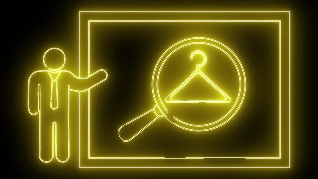 Neon sign showing presenter and hanger in magnifier over rectangle