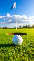 Obraz premium Close-up of a golf ball near a hole, with a flag waving in the blue sky