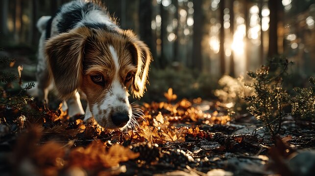 A curious beagle dog sniffs the fallen autumn leaves on the forest floor during a warm, golden sunset.