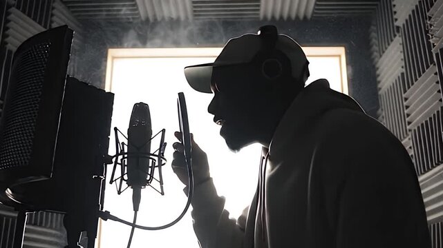 Silhouette of Male Rapper passionately recording vocals in professional studio booth with acoustic foam background, backlit cinematic lighting, 8k
