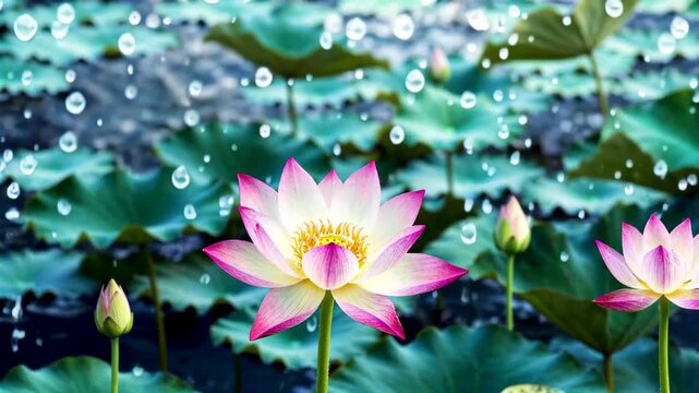 Close-up of lotus flowers blooming in the lotus pond