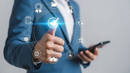 Businesswoman giving thumbs up with digital icons representing quality and technology.