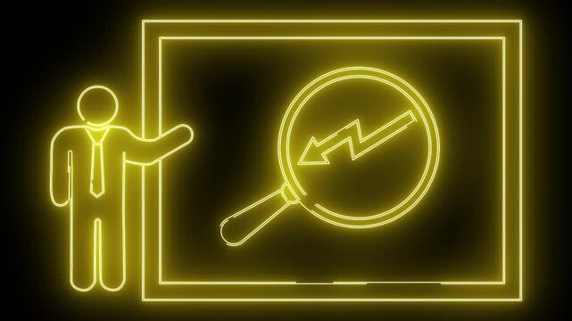 Neon sign presenter points to downward arrow in magnifying glass on a screen