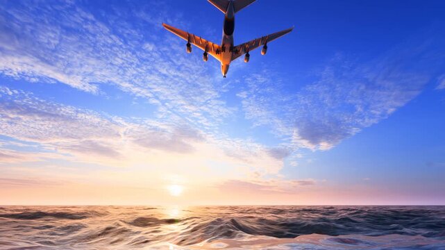 Commercial aircraft flying over sea level.