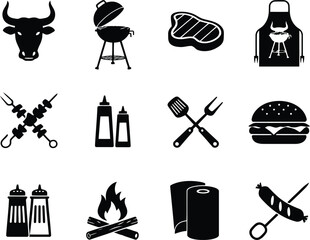 A comprehensive set of black silhouettes depicting various grilling tools and mouth watering foods for barbecue events