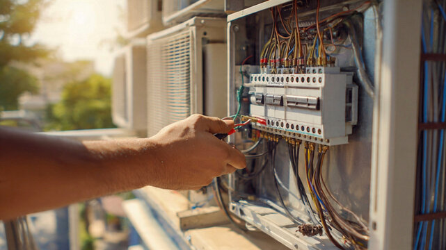 Electrician skillfully wiring a breaker box for new AC units