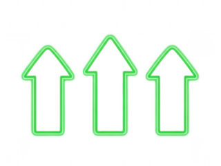 Three neon green upward arrows isolated on transparent background