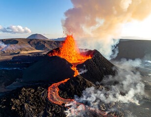 Aerial view of volcanic eruption, lava flowing, smoke billowing