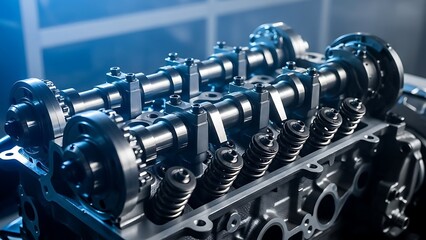 Close-up of a modern car engine cylinder head with camshafts and valves.