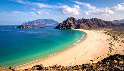 Expansive coastal scene with beach, mountains, and turquoise water