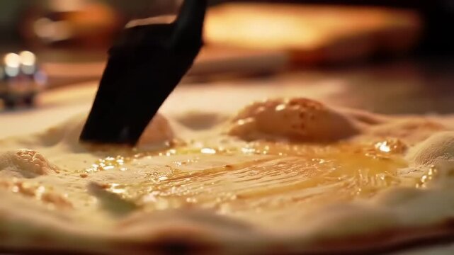 Pizza base being brushed with oil.