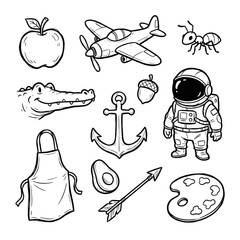 Coloring page of objects that begin with the letter A