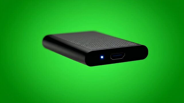 Video of a black external hard drive on a green background.