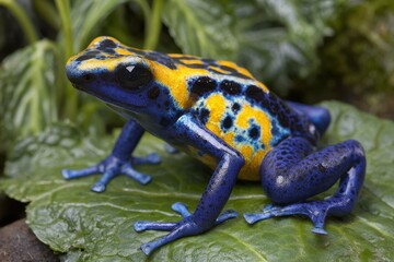 Fototapeta premium A brightly colored poison dart frog on a green leaf