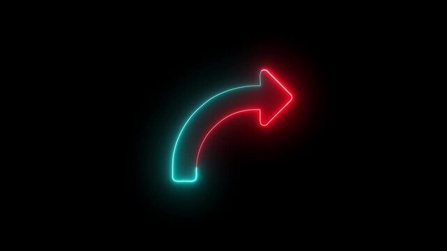 Glowing neon arrow point right side on a black background. Two color arrow icon animation. Abstract direction neon arrow sign icon animation.