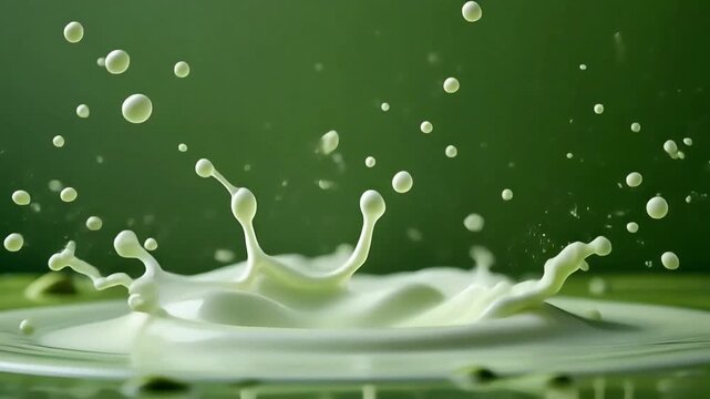 Matcha milk splash frozen mid-air with floating drops, crisp product lighting, smooth motion