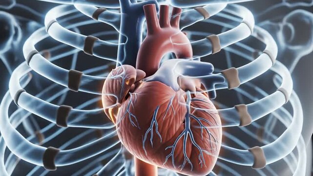 Human heart with veins and arteries. Rib cage and skeletal system. Medical anatomy illustration. Heart health and cardiovascular system. Detailed internal organ. Red and blue veins. Isolated on dark
