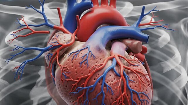 Human heart anatomy with blood vessels and coronary arteries. Red and blue vascular system. Heart structure with ribs background. Medical illustration of cardiovascular system. Detailed organ with