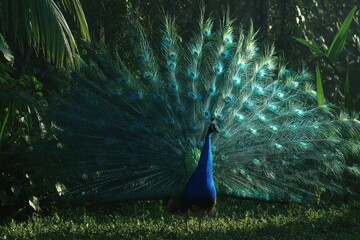 Obraz premium A Peacock Displaying Its Iridescent Feathers Outdoors