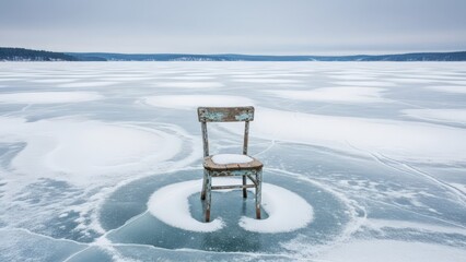 A lone weathered chair rests on a snowcovered frozen lake under a gray sky