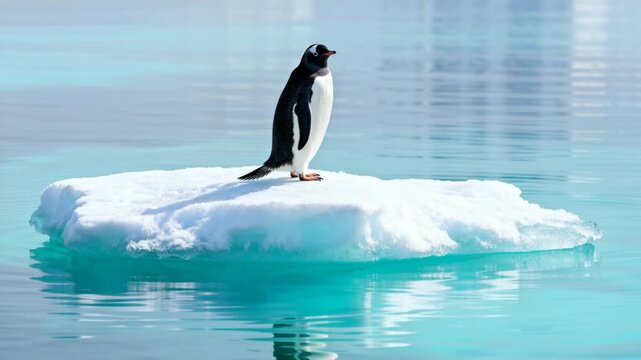 single penguin standing on small drifting iceberg turquoise water high dynamic range lighting peaceful clean composition perfect for penguin awareness day