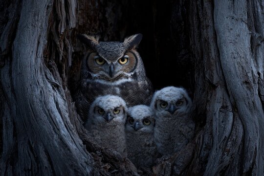 A mother owl with her owlets nestled in a tree nest
