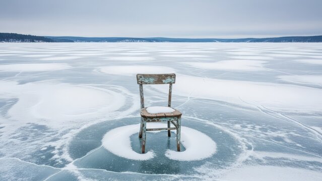 A lone weathered chair rests on a snowcovered frozen lake under a gray sky