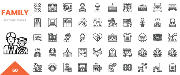 A diverse set of family-themed outline icons representing various moments and activities.