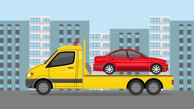Tow Truck Transporting Car Through City Streets