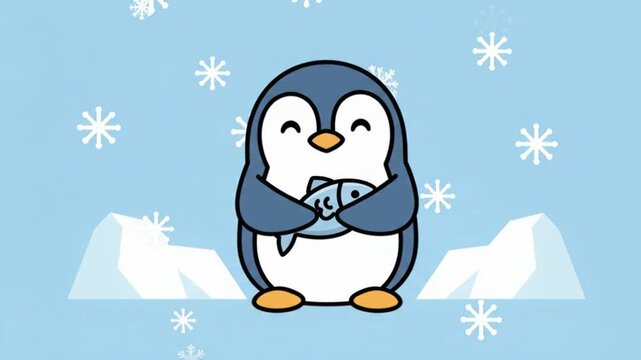 flat minimalist cartoon happy penguin holding small fish bold outlines modern vector friendly color palette winter theme clean background perfect for penguin awareness day