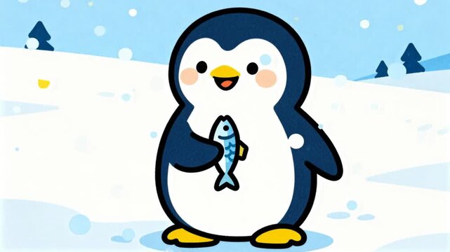 flat minimalist cartoon happy penguin holding small fish bold outlines modern vector friendly color palette winter theme clean background perfect for penguin awareness day