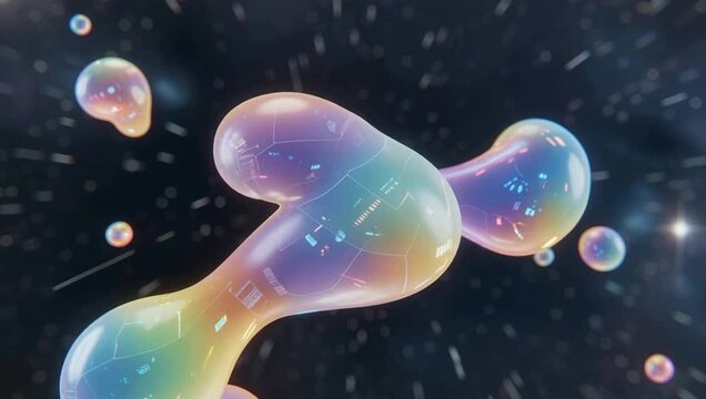 Iridescent bubbles floating in space with a dark background and scattered white specks, conveying a sense of weightlessness and wonder.