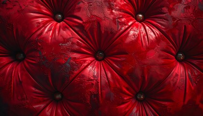 Close-up of aged red button-tufted upholstery with brass studs