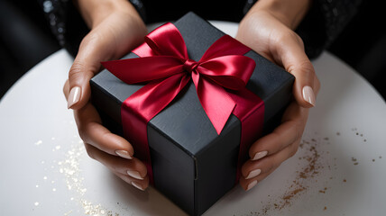 Closeup of hands holding a stylish black gift box with a vibrant red satin ribbon, on a light surface, symbolizing thoughtful giving, celebration, and special moments